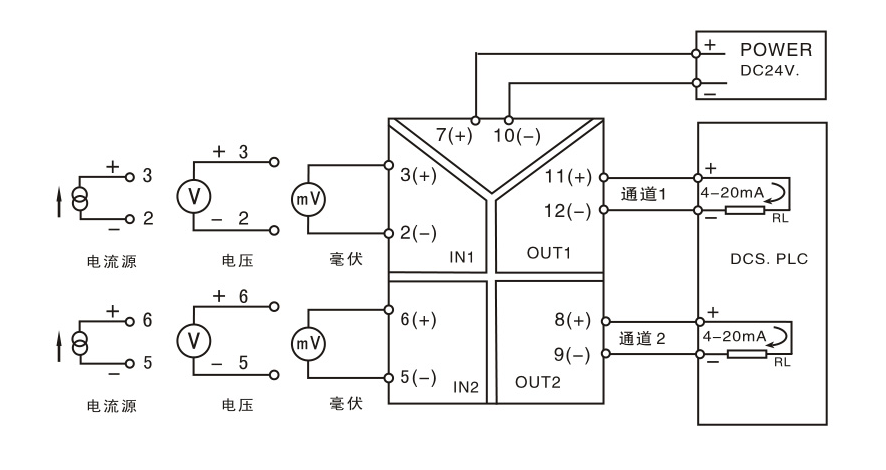 信號隔離器與變送器接線圖-電流電壓信號隔離器接線圖